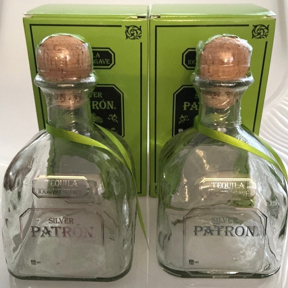 2 PATRON SILVER TEQUILA BOTTLES, GLASS 750 ML WITH BOXES DIY CRAFTS